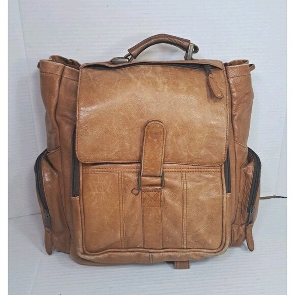 Genuine Leather Tan Backpack Made in Colombia – 16×15×4" Unisex Travel Rucksack - Picture 1 of 13
